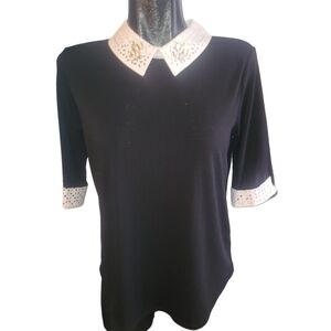 Faith and Joy Black Cropped Sleeve Top with White Collar and Cuffs S